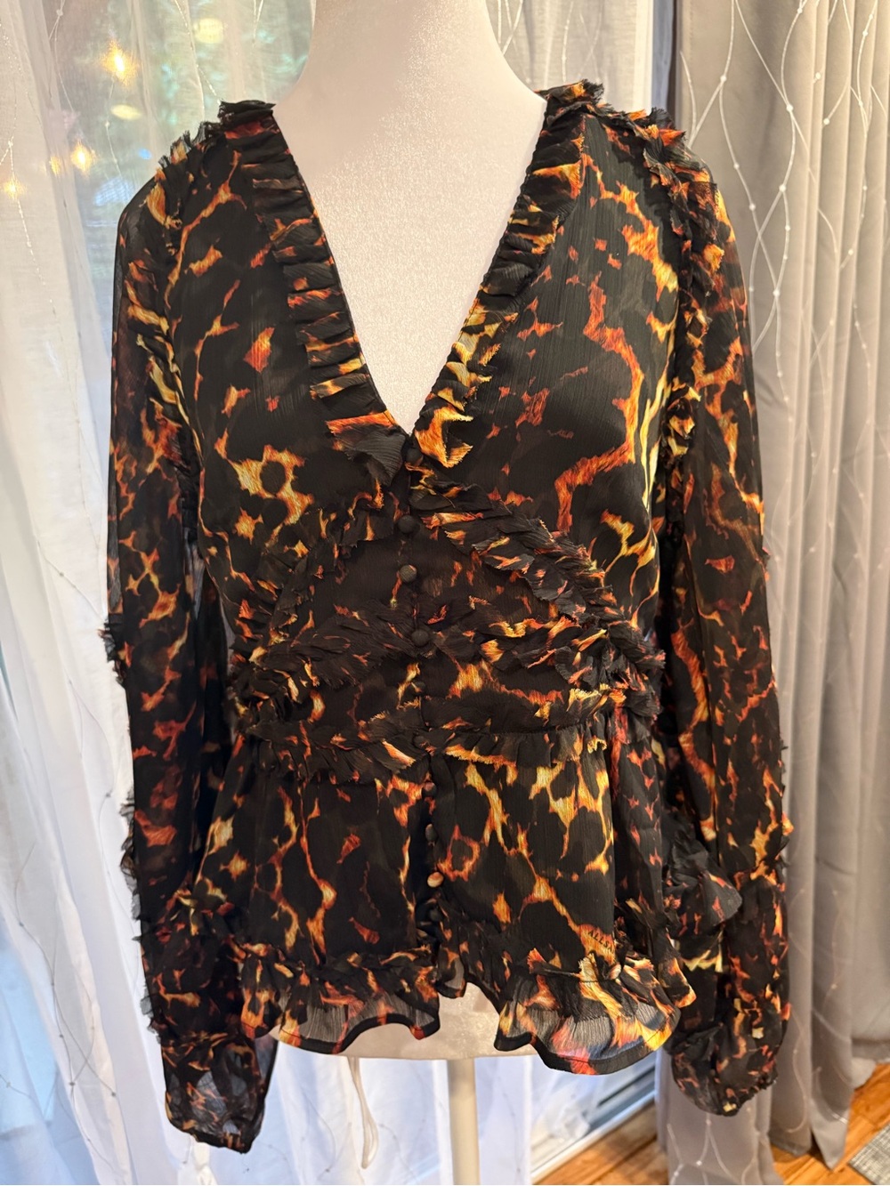 NWT Allsaints Silvie Print Ruffle Top Pardus Flame Brown Long Sleeve Peplum Sz 8